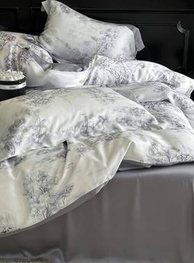 兰精天丝中式水墨数裸码印花睡夏季上四件套凉感丝滑床单FXB被床