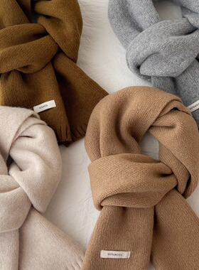 高品质100%纯羊毛围巾女冬季保暖简约针织百搭韩版纯色围脖情侣款