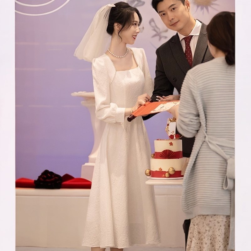 白色礼服领证结婚登记照小t白裙订婚礼服连衣裙女高级感晚宴小个