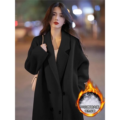 黑色中长款羽绒服女冬季小个子A高级感羽绒内胆羊绒毛呢子大衣外