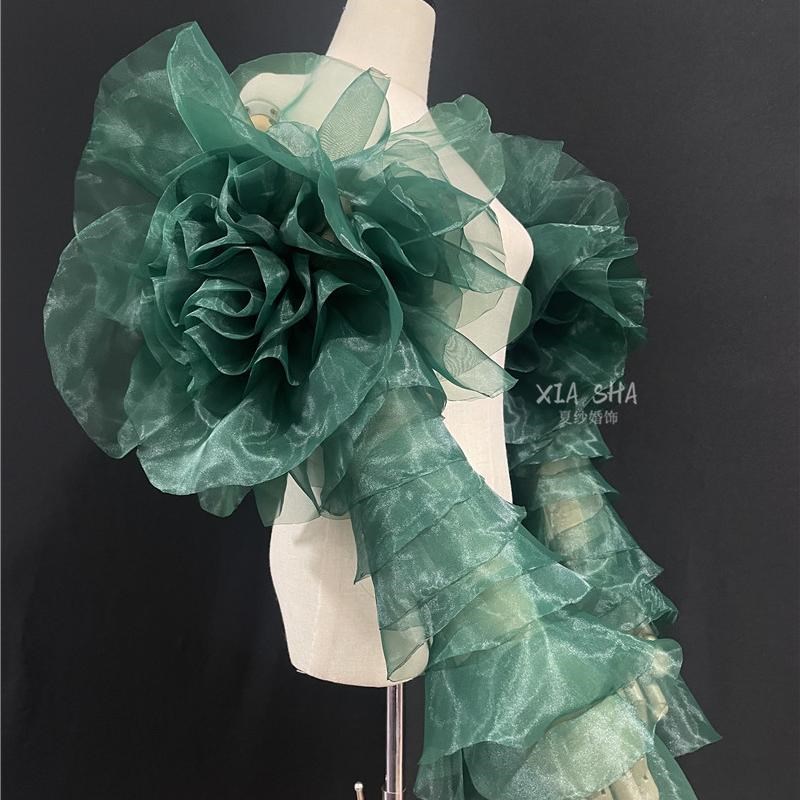墨绿色纱造型袖子婚纱礼服舞台走秀立体大花朵袖套遮胳膊旅拍影楼