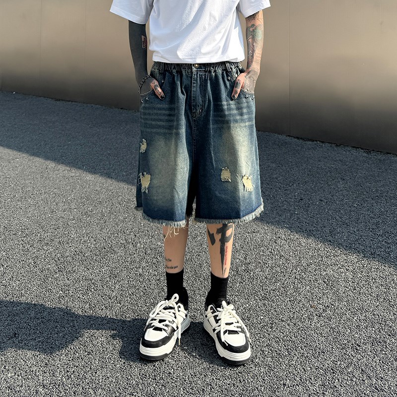 我叫得仔 复古水洗破洞牛仔短裤男女松紧腰百搭休闲直筒五分中裤
