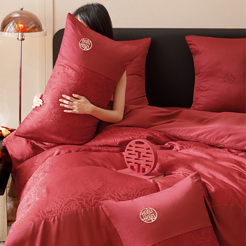 简约新婚庆四件套红色喜庆被套纯棉陪嫁被罩床单喜被结婚床上用品