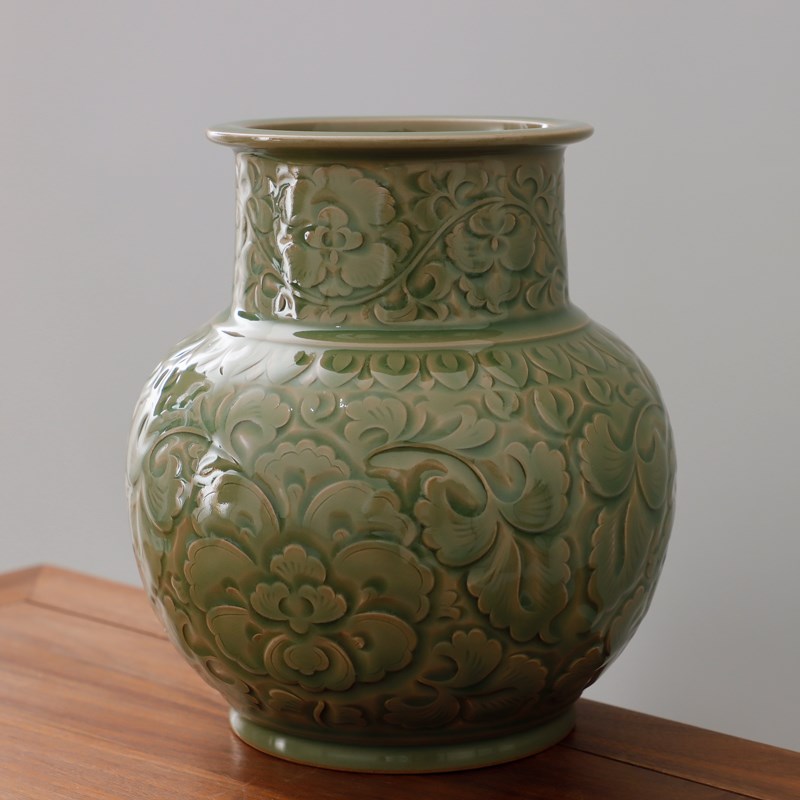 耀州窑仿古橄榄青釉全手工双刀刻花青瓷精品大号广口罐花瓶摆件