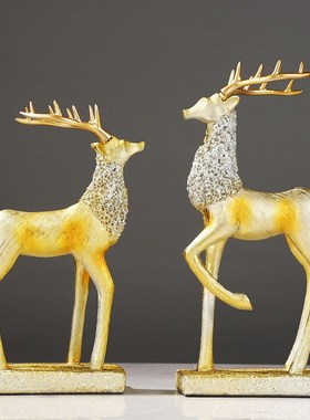 美式树脂麋鹿招财摆件新中式客厅玄关样板房博古架酒店桌面装饰品
