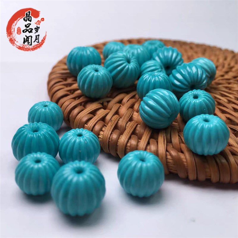天然原矿高瓷高蓝绿松石南瓜珠散珠雕刻回纹珠子手链手串配饰隔珠
