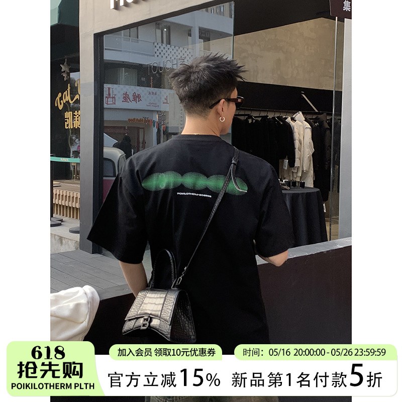 PLTH*美式高街重磅设计感图案印花情侣宽松休闲纯棉小领口短袖男