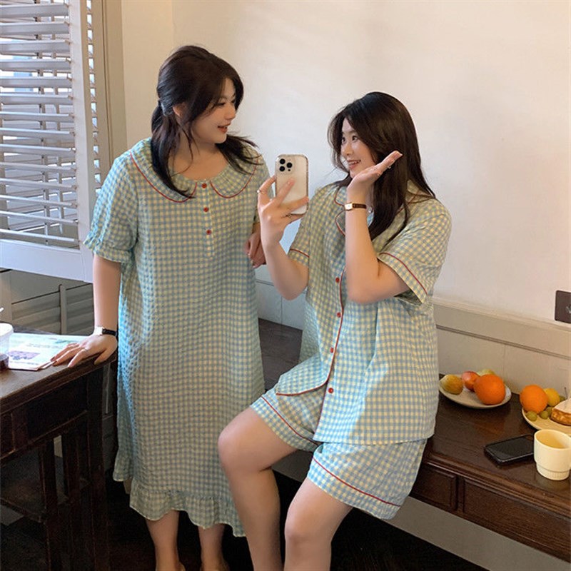 胖mm特大码甜美日系格子睡衣女宽松2-300斤夏短袖套装睡裙家居服