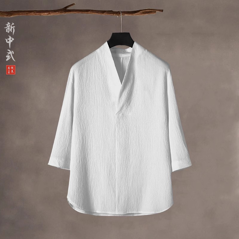 夏季薄款冰丝休闲斜襟汉服衬衫中国风男透气七分袖T恤民族风短袖