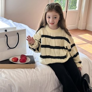 宽松黑白条纹M撞色针织上衣毛线衣外 女童慵懒风毛衣儿童洋气韩版