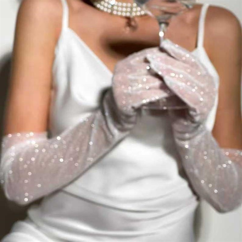 闪粉长款手套网纱薄纱蕾丝晚礼服婚纱手套透明白色