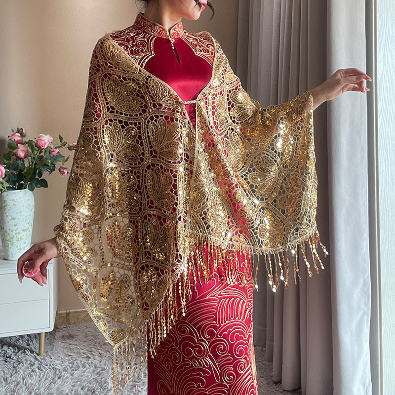 2025年春新款旗袍披肩婚礼妈妈外搭礼服结婚婆婆婚宴金色亮片流苏