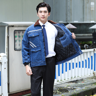 冬季 加棉加厚牛仔棉服电工电焊工耐磨防烫保暖立领劳保服棉衣工装