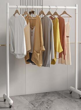 白色晾衣架落地折叠卧室内小空间晾晒挂衣杆家用隔夜衣架移动带轮