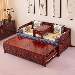 推拉伸缩两用沙发床覆古床榻中式 老榆木罗汉床实木新中式 客厅家具