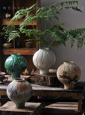 侘寂风春绿色覆古陶瓷花瓶新中式插花陶罐民宿样板间家居装饰摆件