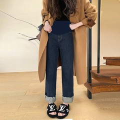 孕妇牛仔裤秋冬新款宽松显高显瘦直筒卷边裤子冬季加绒托腹孕妇裤