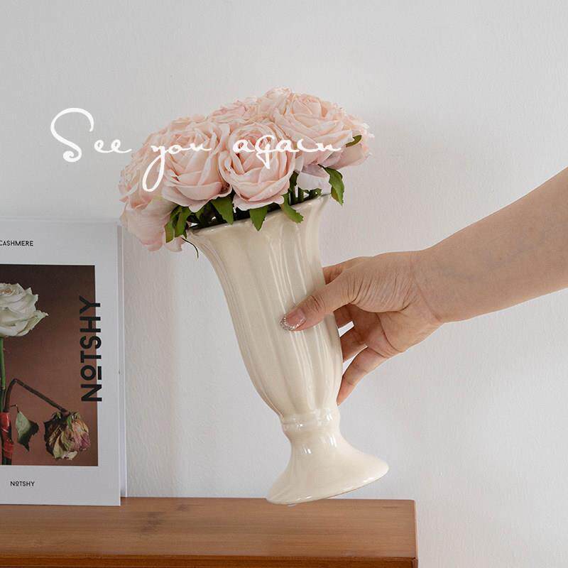 欧式陶瓷花瓶法式高级感覆古白色大口径水培鲜花客厅插花餐桌摆件