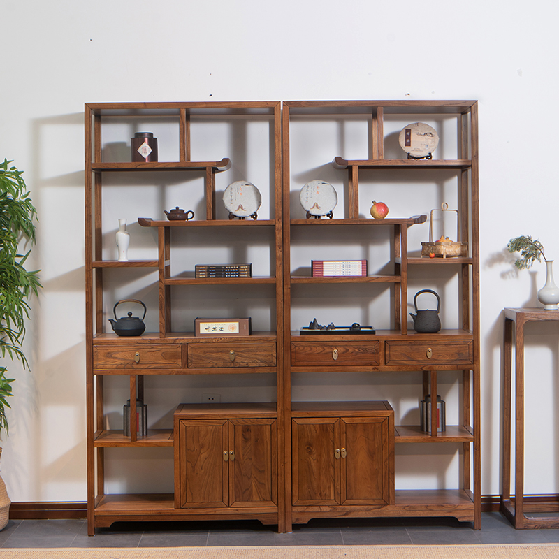 极速新中式博古架实木多宝阁老榆木禅意I书架茶叶柜置物架古董架
