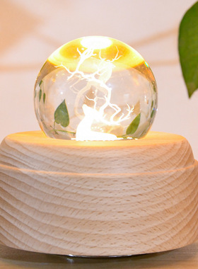 极速创意木质八音盒发光底座木制工艺品摆件实木发光水.晶球旋转