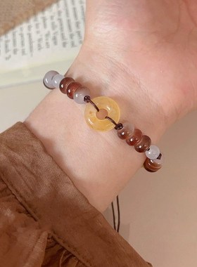 极速新中式棕色串珠平安扣手链女轻奢民族风可抽T拉手串时尚百搭