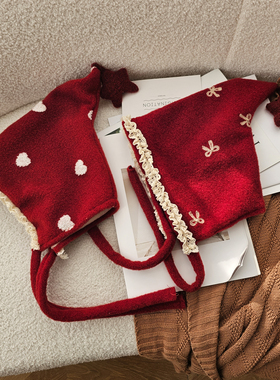 新年红色宝宝帽子喜庆洋气花边复古儿童护耳帽婴幼儿棉内衬加绒帽