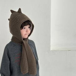 A类宝宝帽子围巾一体帽男童女孩秋冬棉内衬针织毛线帽儿童护耳帽