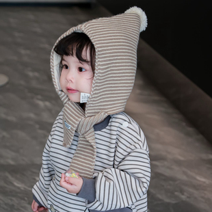 秋冬宝宝帽子围脖一体男童女宝宝毛线帽纯棉内衬护耳帽儿童针织帽