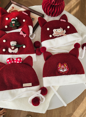 2026新款宝宝帽子新年红色喜庆加绒保暖可爱儿童护耳帽男童女孩帽