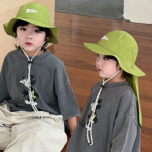 儿童防晒帽男孩帽子渔夫帽夏季 户外登山披肩护颈速干遮阳帽女童潮