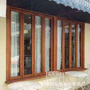 老榆木推拉窗老式左右折叠窗户实木网红甜品店复古玻璃门窗民宿窗