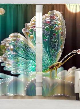 2pcs新款绿色蝴蝶图案窗帘跨境厂家供货客厅卧室3D数码印花