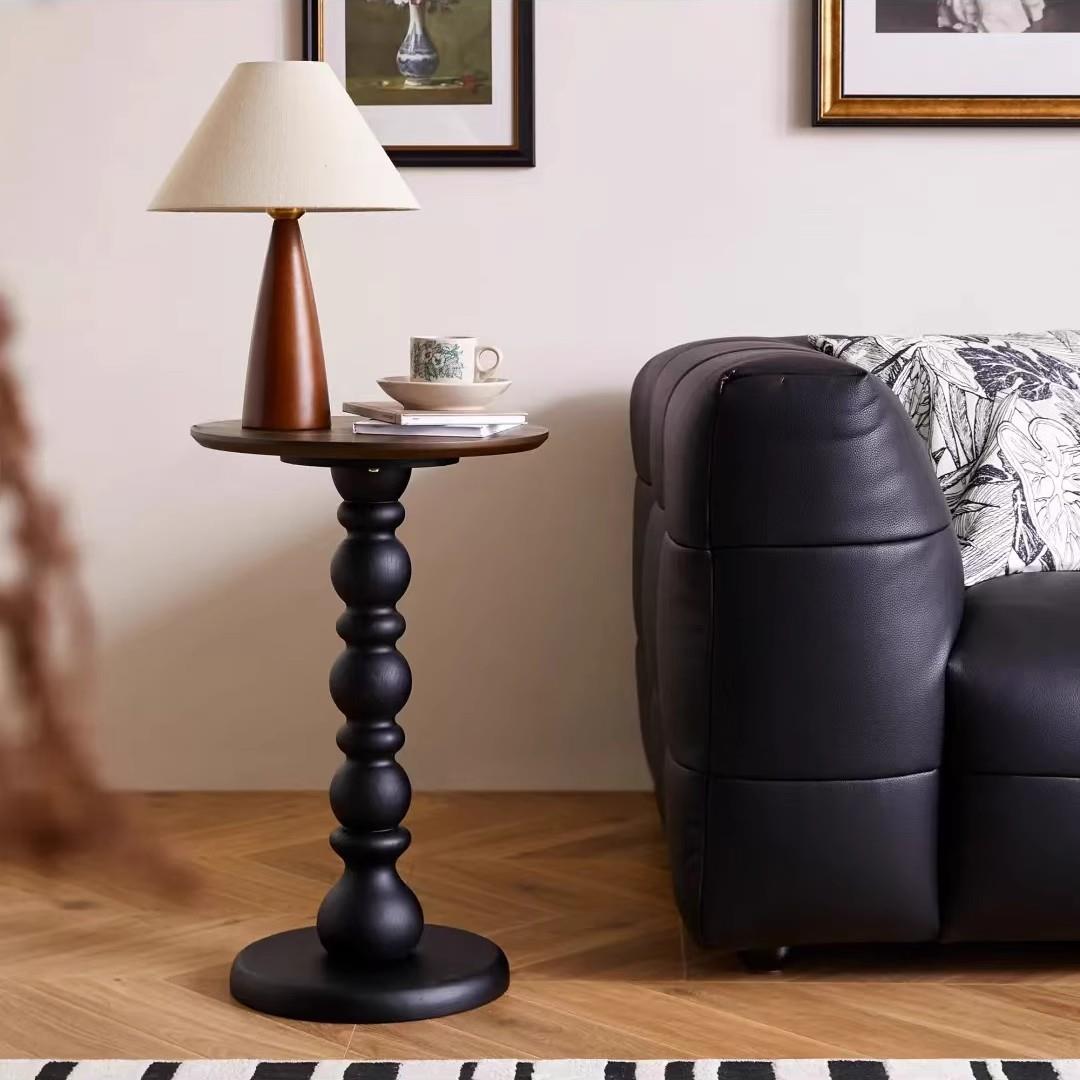 法式复古实木小茶几小户型客厅家用中古风轻奢高级感黑色沙发边几