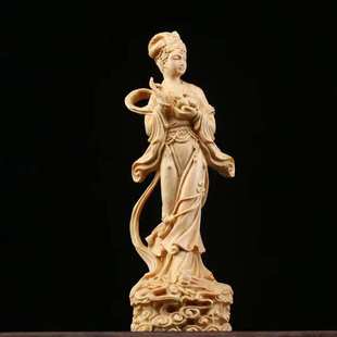 黄杨桧木雕嫦娥抱玉兔摆件 中式家居客厅装饰古典月宫仙子工艺品