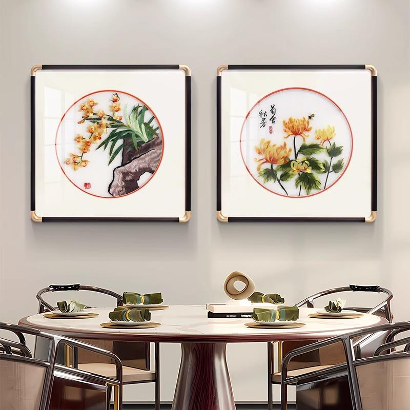 新中式餐厅装饰画高档手工刺绣成品画中国风吃饭厅背景墙两联壁画
