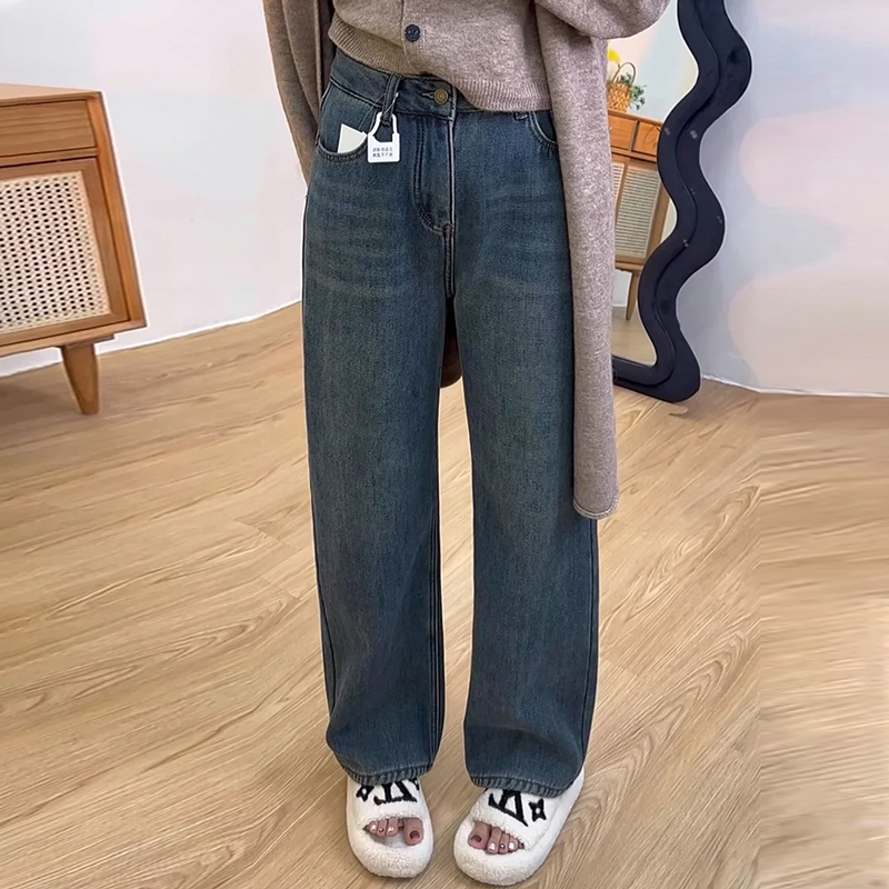 小个子阔腿牛仔裤女秋冬新款宽松高腰时尚复古百搭梨形直筒长裤