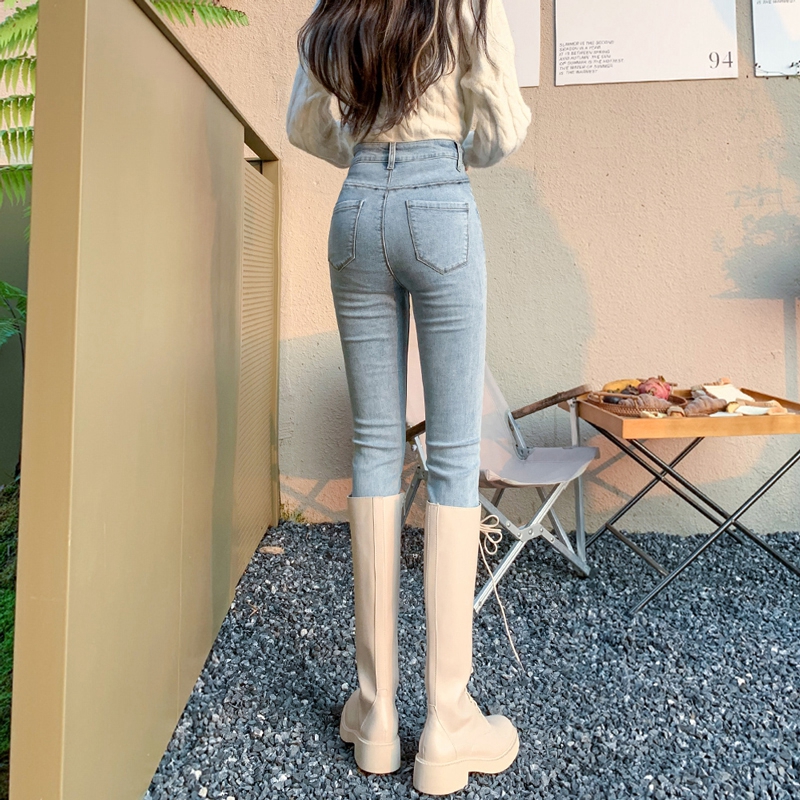 浅色弹力紧身九分牛仔裤女早春高腰提臀百搭靴裤修身铅笔小脚裤子