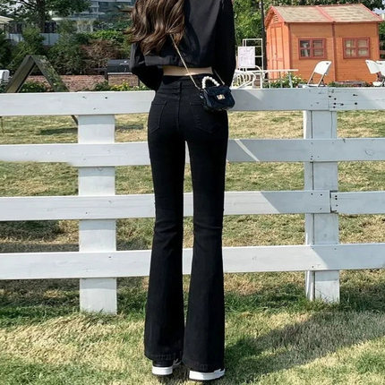 黑色牛仔裤女早春高腰微喇马蹄裤小个子修身弹力直筒拖地喇叭长裤