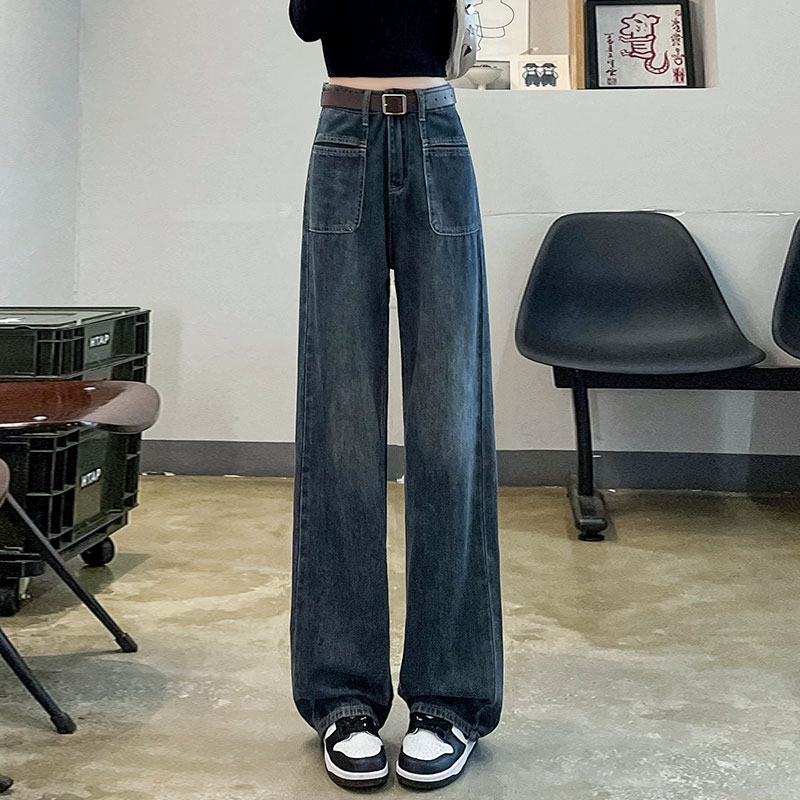 美式加绒蓝灰直筒牛仔裤女秋冬新款阔腿梨形显瘦高腰加厚拖地裤子