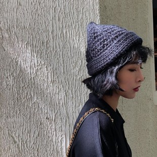纯色毛线帽子女秋冬D保暖尖尖卷边针织帽男休闲百 纯手工钩针韩版