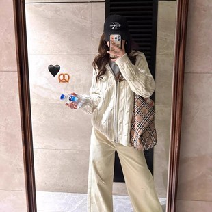 美式 麻花毛衣双拉链外R套学院风软糯上 复古连帽针织开衫 女早春季