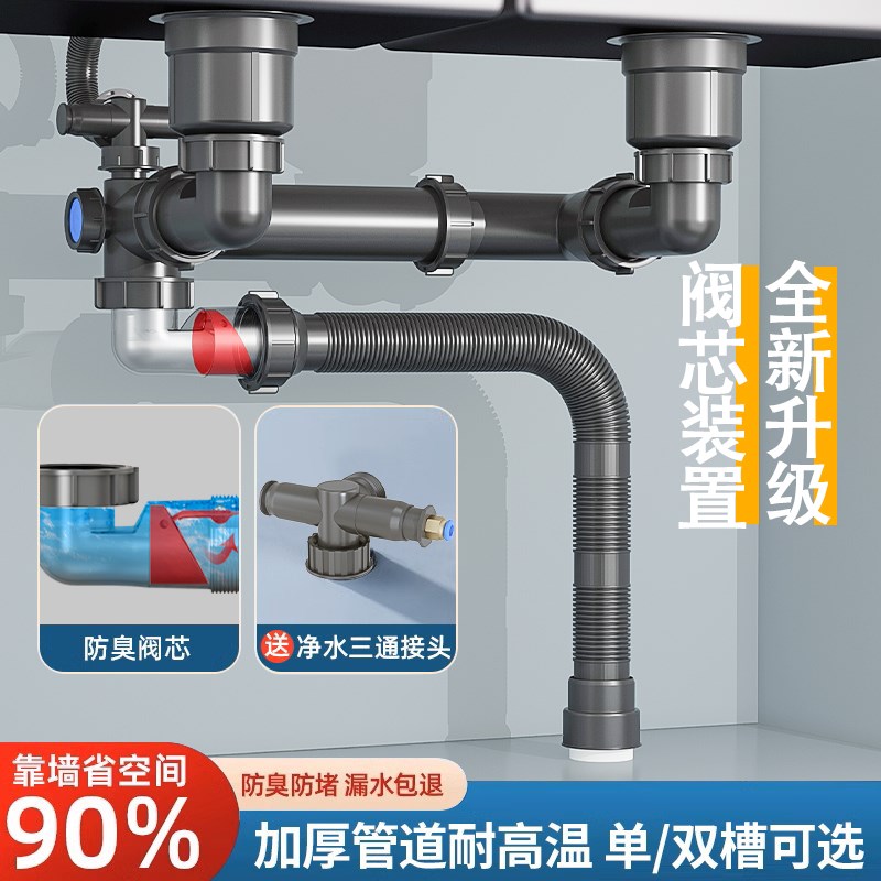 厨房洗菜盆下f水管配件单双槽防臭排水管三通洗碗池下水器通用套