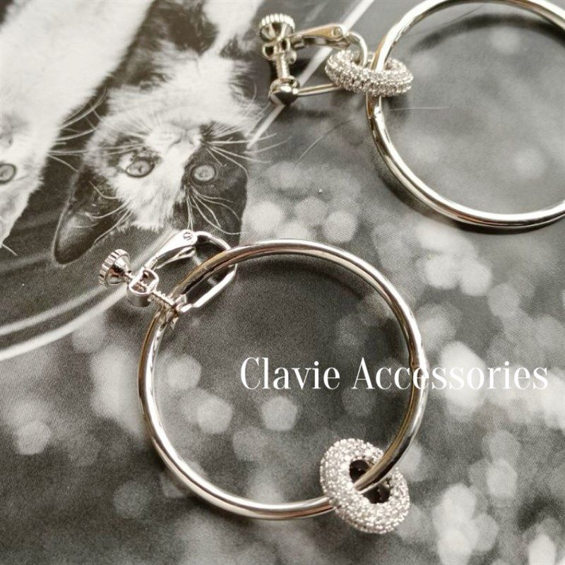 简约大气小众设计感银色圆圈满水钻耳环耳钉无耳洞螺丝耳夹螺旋