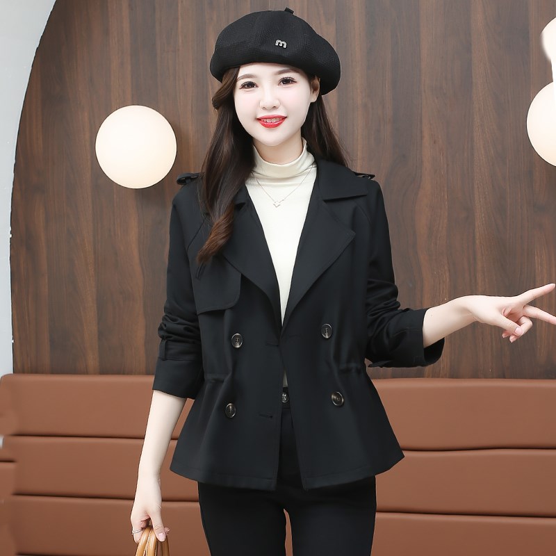 休闲短款风衣女装2024春季韩版宽松F收腰显瘦纯色百搭抽绳大衣外