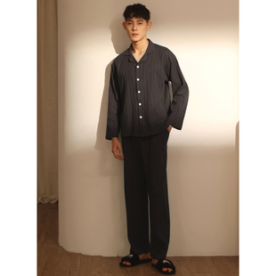 I纯色休闲条纹全棉家居服套 2024年新款 睡衣男春秋款 纯棉长袖 长裤