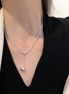 轻奢Y形圆珠素银流苏项链女小众设计高级感2023年新潮个性毛衣链