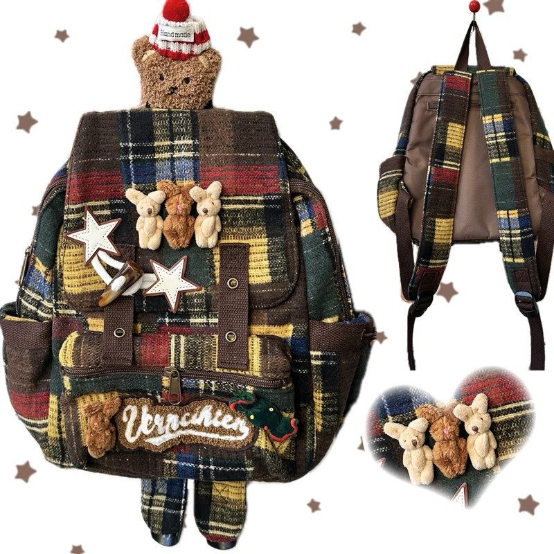 黑樱酱自制美拉德拼接复古格纹拼布感秋冬百搭街头格子休闲小背包,箱包皮具/热销女包/男包,双肩背包,淘宝优惠券,粉丝福利购,淘宝优惠卷