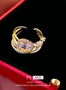 真金电镀锆石缠绕多层开口戒指轻奢气质食指戒精致高级感手饰