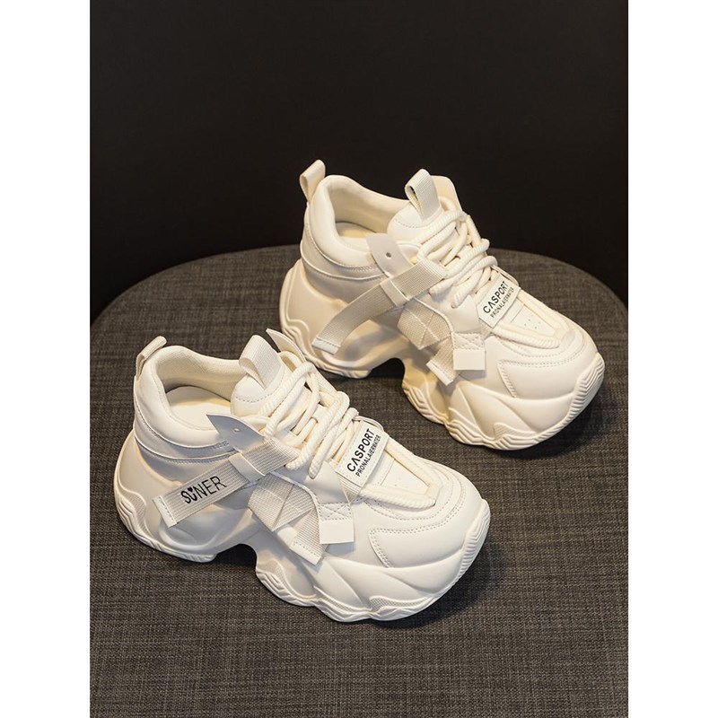 厚底紫灰色c老爹鞋女内增高8CM真皮运动旅游鞋百搭轻便休闲小白鞋