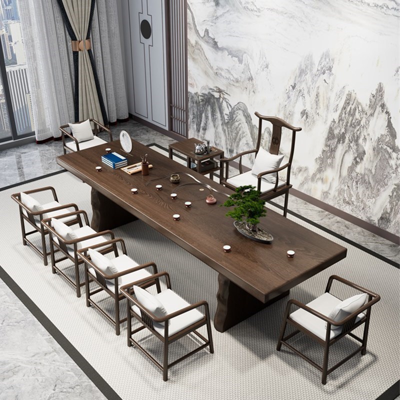 新中式原木大板实木茶台茶桌泡茶中式茶几桌椅组合办公室禅意茶桌